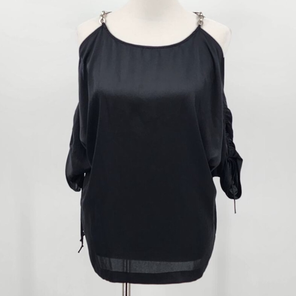 Michael Kors Black Silky Semi-Sheer Cold Shoulder Top with Metal Chain. Size S